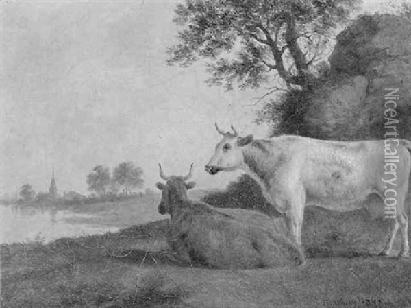 Cows Resting In Landscape Oil Painting - Thomas Hewes Hinckley