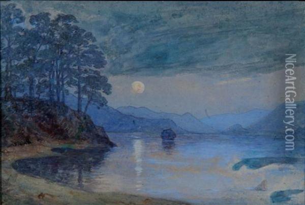 Derwent Water In Moonlight Oil Painting - Charles Bentley