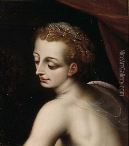 A Head Of A Woman, Wearing Pearl Jewellery In Her Hair Oil Painting - Frans Floris the Elder