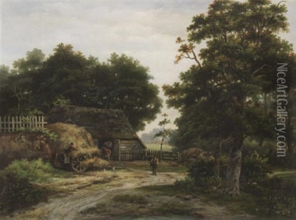 Eine Scheune Im Wald. Bauern Bringen Das Stroh Ein Oil Painting - Hendrik Barend Koekkoek
