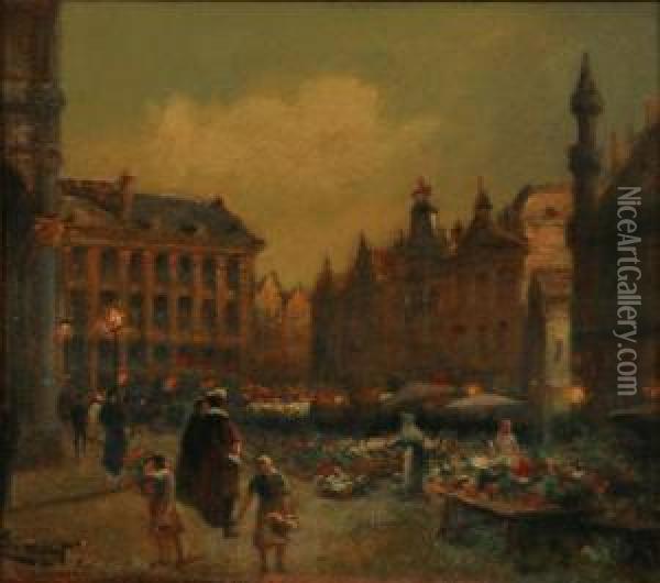 Bloemenmarkt Op Grote Marktbrussel. Oil Painting - Jose Simont