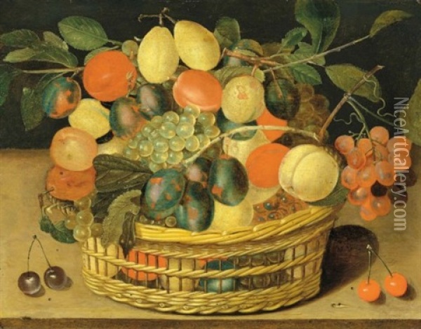 A Basket Of Grapes, Plums And Peaches On A Ledge Oil Painting - Jacob van Hulsdonck