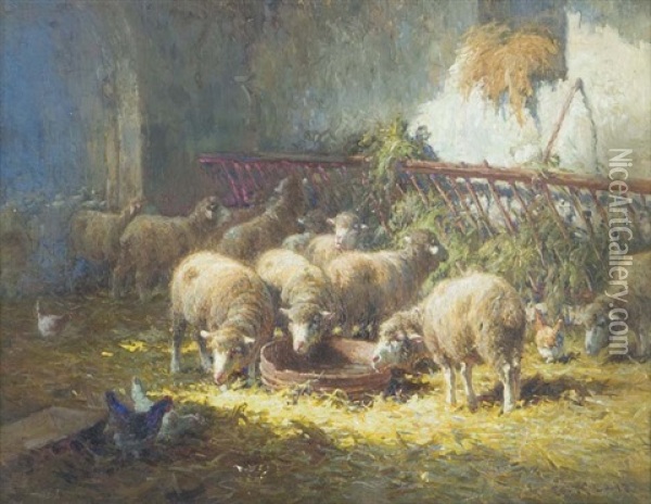 Sheep Feeding Oil Painting - Charles H. Clair