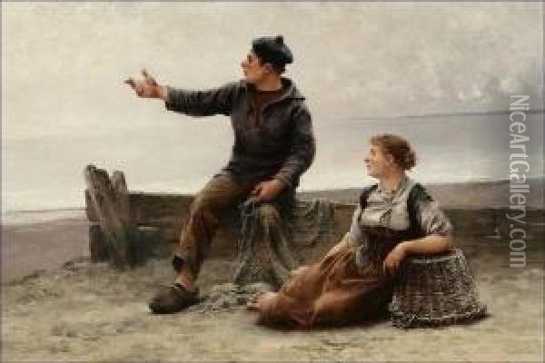 Figures By The Seashore Oil Painting - August Wilhelm Nikolaus Hagborg