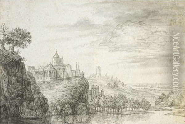 View Of A Town, With Church And Castle Buildings Above Ariver Oil Painting - Gerrit Van Battem