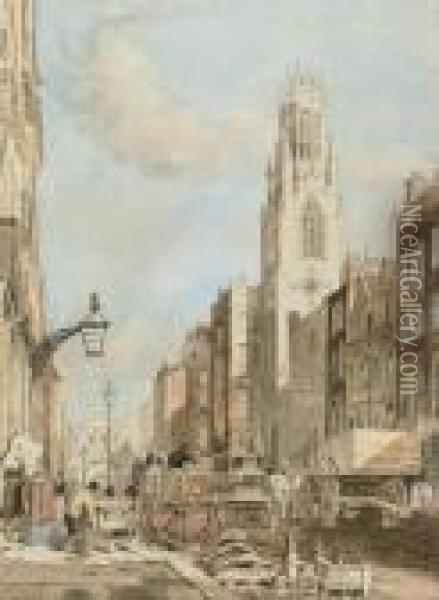 St Dunstan-in-the-west, Fleet Street; And Temple Bar From The Strand Oil Painting - Thomas Shotter Boys