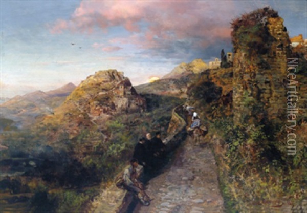 Sonnenuntergang Uber Einem Suditalienischen Bergstadtchen Oil Painting - Oswald Achenbach