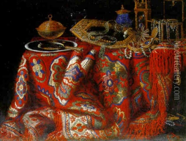 A Silver-gilt-covered Bowl And A Knife On A Plate, An Open Jewelry Box On A Table Draped With A Carpet Oil Painting - Jacques Hupin