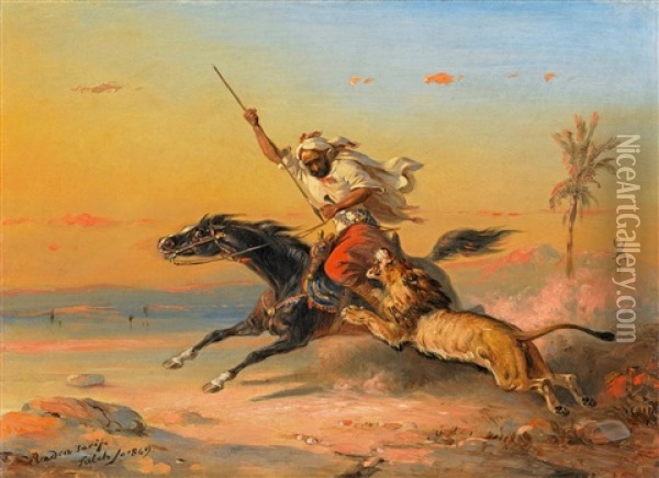Araber Zu Pferd Von Einem Lowen Angegriffen Oil Painting - Raden Saleh Sarief Bustaman