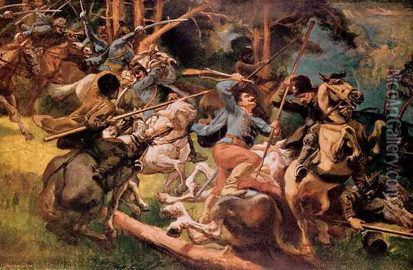 Hungarian Hussars and Russian Cossacks Fighting in the Carpathian Mountains in 1915 Oil Painting - Tardos, Viktor