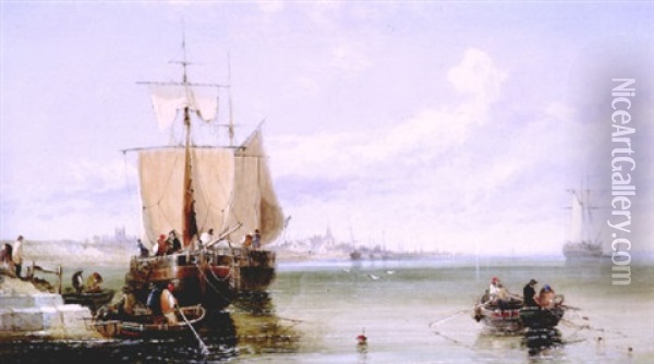 Dutch Boats In Harbour Oil Painting - Arthur Joseph Meadows