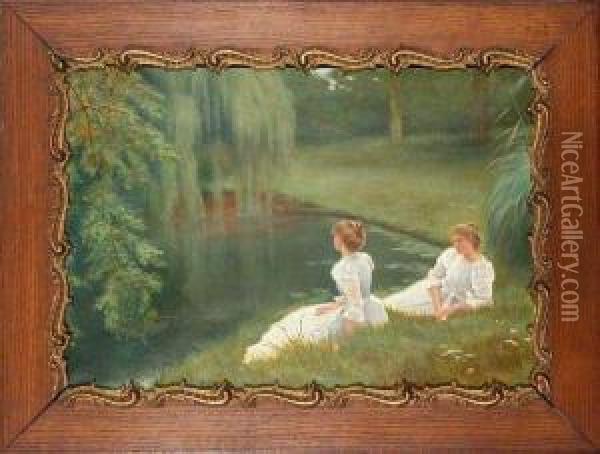 Elegant Ladies At Rest Beside A Pond Oil Painting - Louis Emile Adan