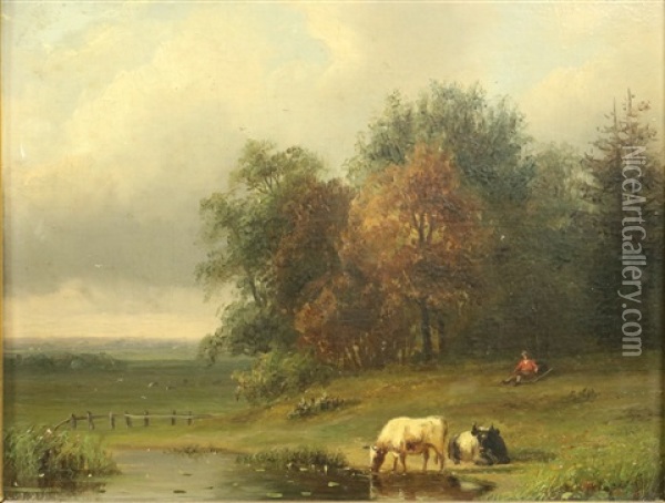 Landschap Met Rustende Herder En Koeien Aan Een Drenkplaats Oil Painting - Johannes Gijsbertus van Ravenswaay