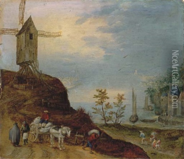 An Extensive River Landscape With A Windmill And Travellers On A Path Oil Painting - Jan Brueghel the Elder