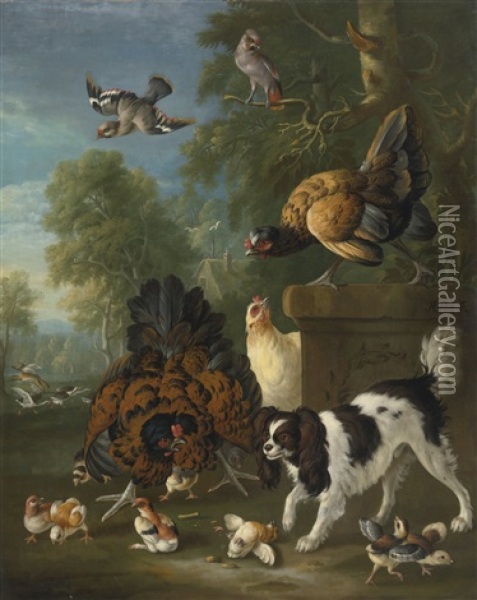 A Family Of Chickens Fending Off A Spaniel In A Landscape Oil Painting - Pieter Casteels III