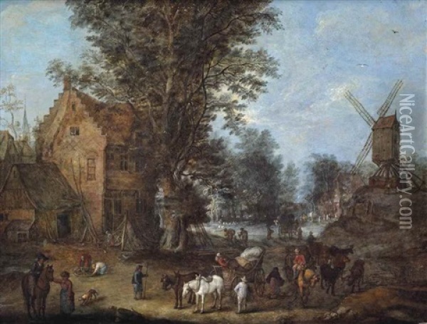 A Village Scene With Travellers And Wagoners And Numerous Other Figures At Their Daily Activities Oil Painting - Joseph van Bredael