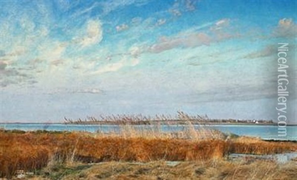 Roskilde Fjord, Vinter, Gule Og Brune Siv I Forgrunden Oil Painting - Laurits Andersen Ring