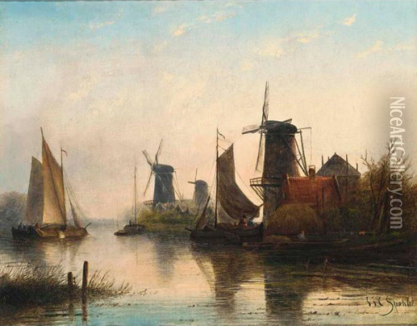 Windmills In A Summer Landscape Oil Painting - Jan Jacob Coenraad Spohler