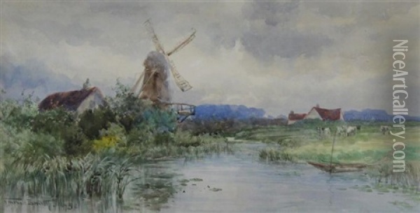 Dutch Countryside With Windmill And Cows Oil Painting - Frederic Marlett Bell-Smith