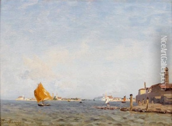 Vue De La Lagune Venitienne Avec Au Fond L'ile De San Michele Oil Painting - Charles Busson