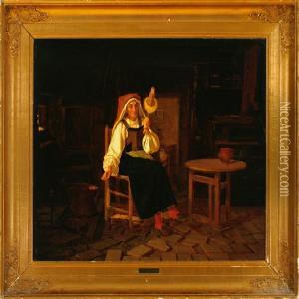 A Countrty Interior With An Elderly Woman Oil Painting - Frederik Vermehren