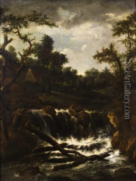 A Wooded Landscape With A Cascade, A Cottage Beyond Oil Painting - Jacob Van Ruisdael