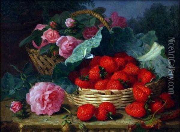 Still Life Study Of Roses And Strawberries In Baskets Oil Painting - Eloise Harriet Stannard