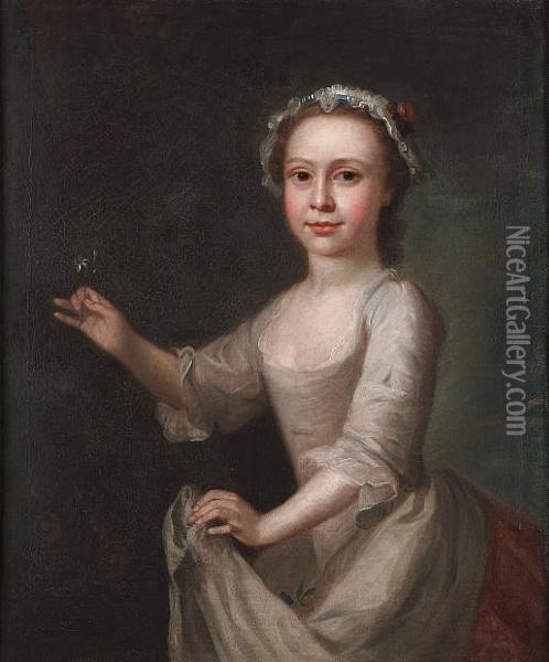 Portrait Of A Young Girl, 
Standing Three-quarter-length, In A White Dress, Holding A Flower Oil Painting - George Beare