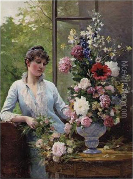 Preparing The Flower Arrangement Oil Painting - Edouard Bernard Debat-Ponsan