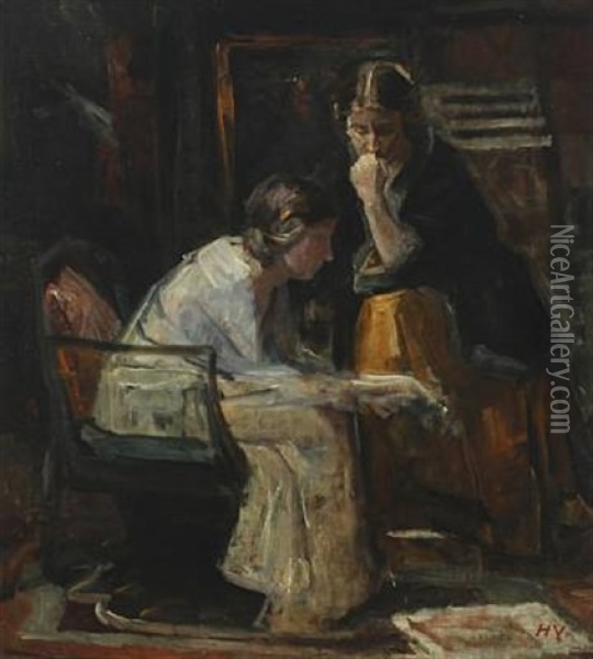 Interior With Two Women Speaking Oil Painting - Herman Albert Gude Vedel