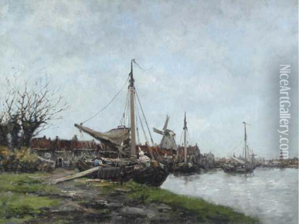 Boats On A Dutch Canal Oil Painting - Hermanus Jr. Koekkoek
