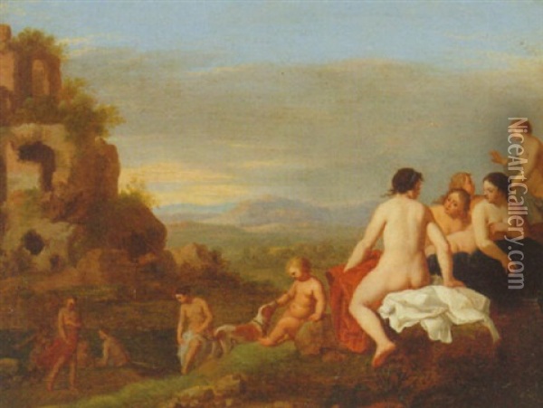 Nymphs Bathing In A Rocky Italianate Landscape Oil Painting - Cornelis Van Poelenburgh