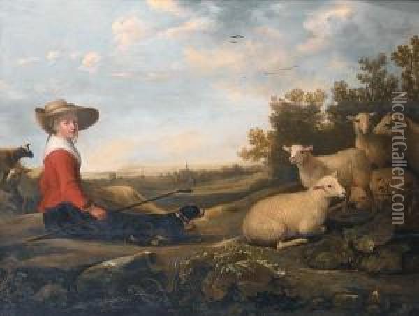 A Shepherdess With Her Sheep In An Extensivelandscape, A View To A Town Beyond Oil Painting - Jacob Gerritsz. Cuyp