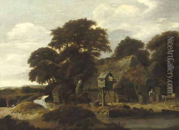 A wooded river landscape with a farmyard and a dovecote Oil Painting - Salomon Rombouts