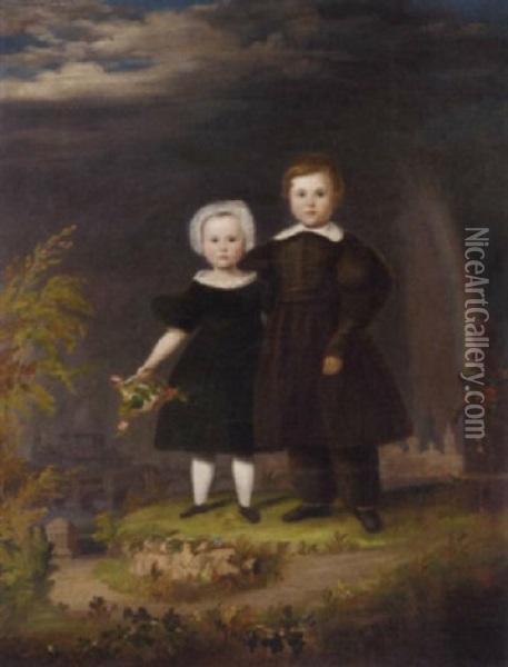 Portrait Of Two Children On A Mound Before St. Paul's Cathedral, Under A Rainbow Oil Painting - Marshall Claxton