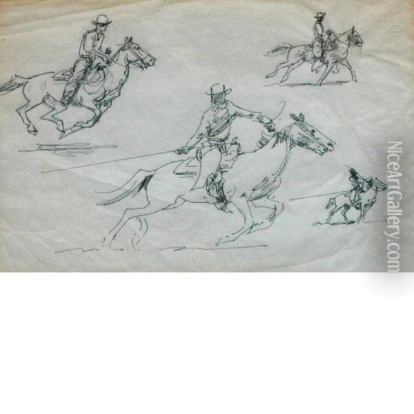Studies Of Cowboys Riding And Roping Oil Painting - John Edward Borein
