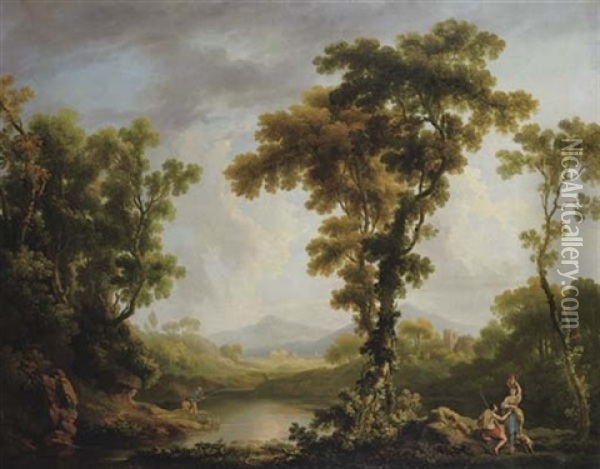 A Classical Wooded River Landscape With Figures Bathing And Fishing On The River And A Herdsman With A Woman Carrying An Urn, A Ruined Castle In The Distance With Mountains Beyond Oil Painting - George Barret