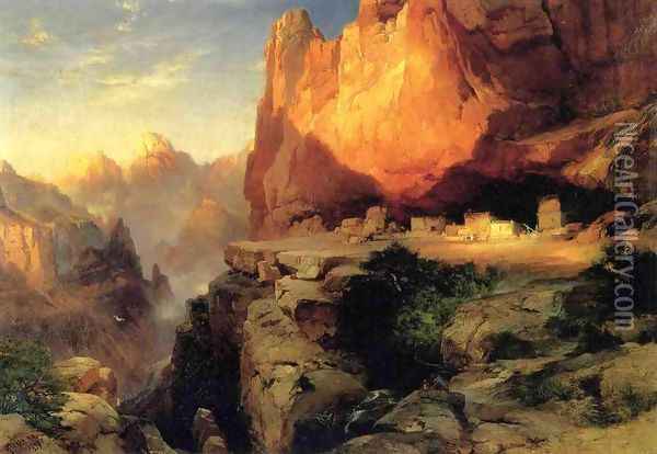 Cliff Dwellers Oil Painting - Thomas Moran