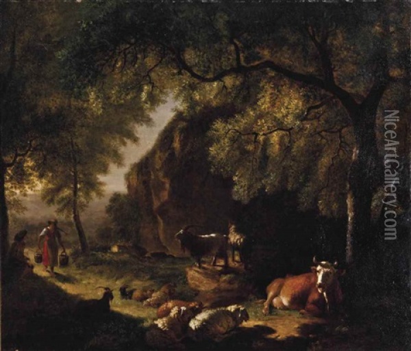A Shepherd And A Milkmaid Tending To Their Flock Oil Painting - Balthasar Paul Ommeganck