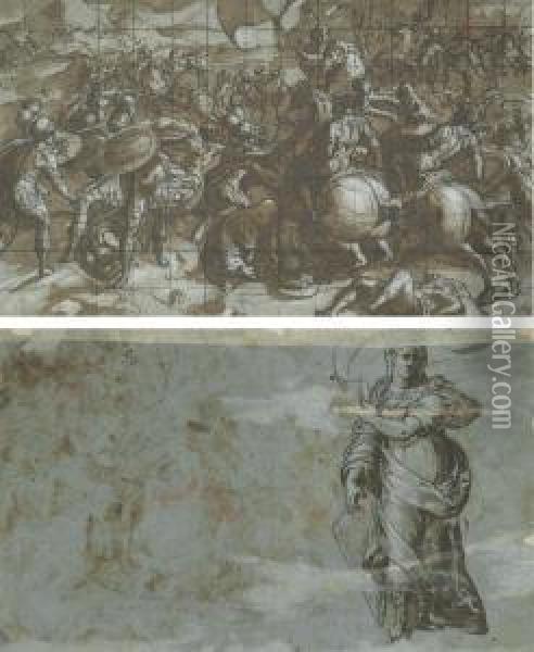 A Battle Between Cavalry And Infantry (recto); A Standing Femalefigure, Heavily Draped, Holding A Banner (verso) Oil Painting - Andrea Semino