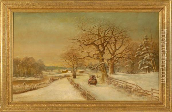 Winter Landscape With Sled And Figures By A River And Distant Town Oil Painting - Daniel Charles Grose