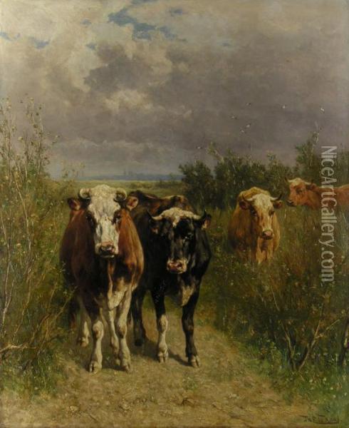 Kuhe In Einer Heidelandschaft Oil Painting - Johannes-Hubertus-Leonardus de Haas