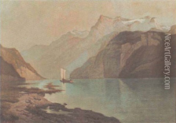 Abendliche Stimmung Am Vierwaldstattersee Mit Urirotstock Oil Painting - Alfred Edouard Beguin