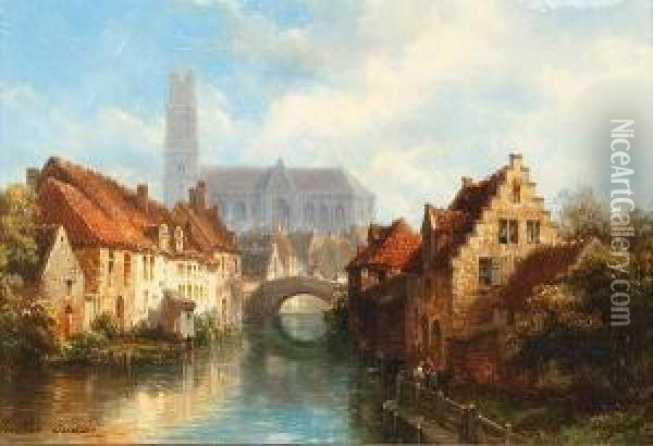 Continental Town River Scene Oil Painting - Pierre Justin Ouvrie