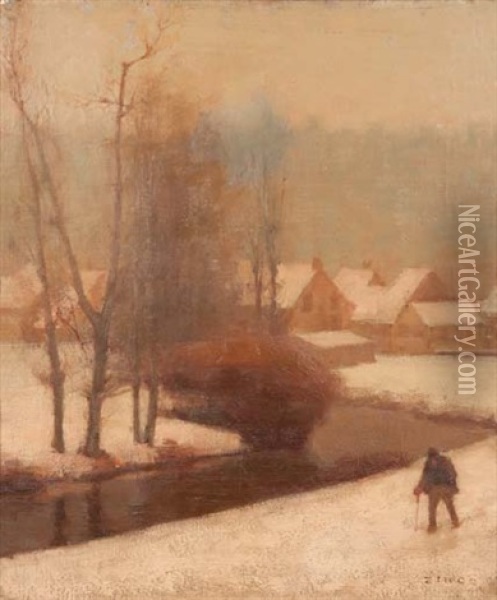 Paysan Pres Du Village Enneige Oil Painting - Jules Emile Zingg