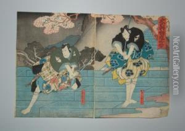 Deux Samourais S'affrontent Au Katana Sur Un Escalier Oil Painting - Utagawa Hirosada