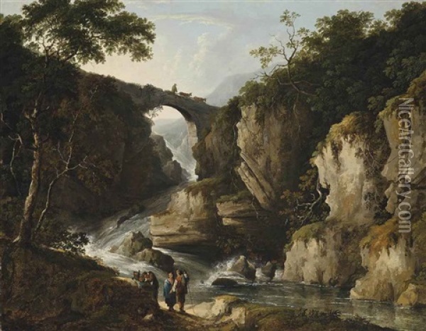 A Wooded Landscape With Figures On A Track, A Bridge Beyond Oil Painting - Benjamin (of Bath) Barker
