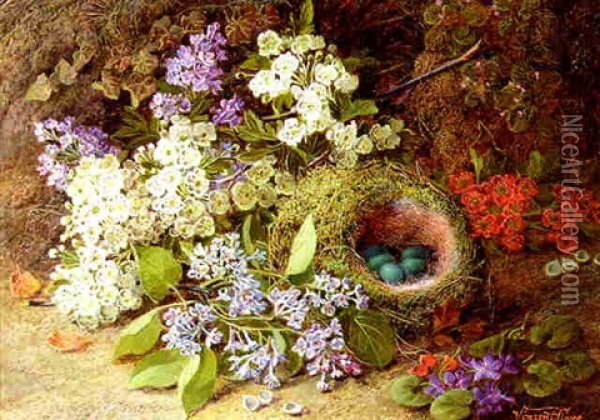 Wild Spring Flowers And A Bird's Nest On A Mossy Bank Oil Painting - Vincent Clare