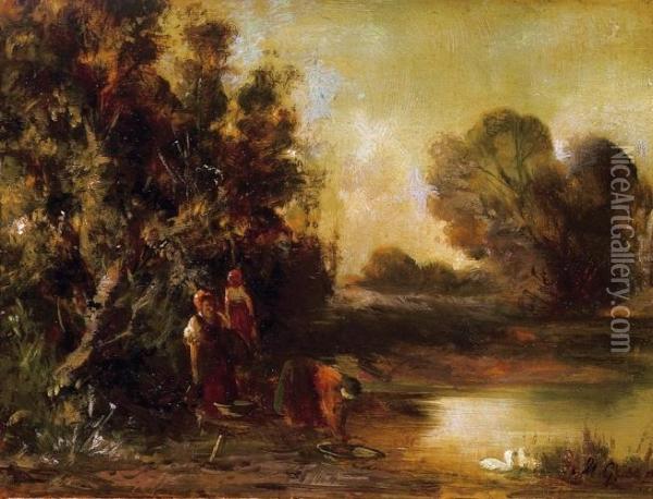 River Bank, 1870s Oil Painting - Geza Meszoly