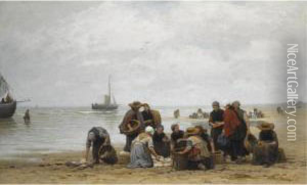 Sorting The Catch On Scheveningen Beach Oil Painting - Philippe Lodowyck Jacob Sadee